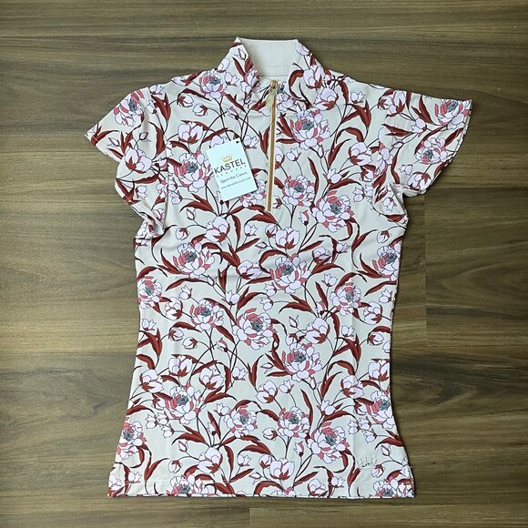 Kastel Denmark Women's Flutter Sleeve Sun Shirt - Tan & Pink Peonies - XS - Picture 1 of 4